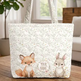 Baby Fox Baby Bunny Wildflower Leaves Your Name - Wildlife Lover Gift Quilted Tote Bag