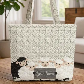 Sheep Botanical Leaves Your Name Sign - Farmhouse Decor Gift for Sheep Lover Quilted Tote Bag