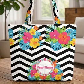Hibiscus Orchid Chevron Tropical Floral - Travel Essentials Tropical Lifestyle Quilted Tote Bag