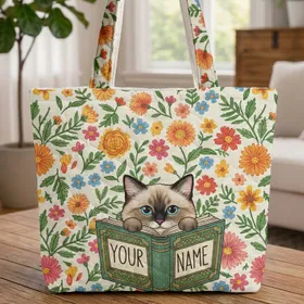 Ragdoll Cat Open Book Floral Daisies Asters - Cat Lover Gift for Bookworms Quilted Tote Bag