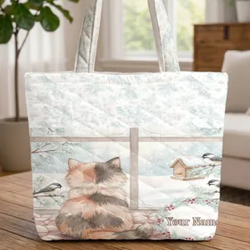 Fluffy Calico Kitten Soft Pink Knitted Blanket Snowy Winter Scene Chickadee Birds Storybook - Winter Personalized Gift Quilted Tote Bag