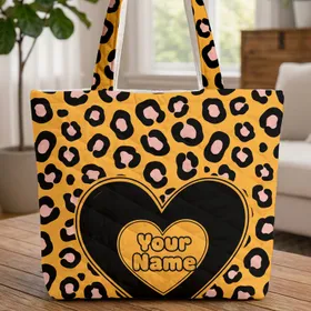 Distressed Personalized Black Heart Leopard Spots - Everyday Carry Gift Quilted Tote Bag