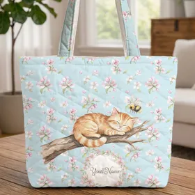 Sleeping Tabby Cat Tree Branch Bumblebee Apple Blossoms Wreath - Cat Lover Quilted Tote Bag