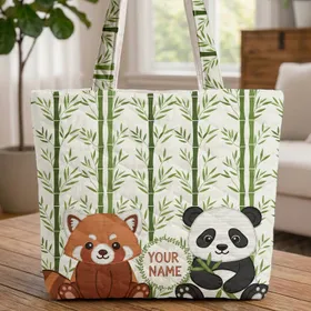 Red Panda Giant Panda Cub Bamboo Floral Wreath Personalized - Animal Lover Gift Quilted Tote Bag