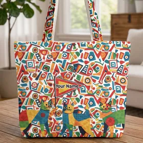 Geometric Cats Playing Triangle Flag Your Name - Everyday Tote Cat Lover Gift Quilted Tote Bag