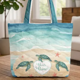Sea Turtles Starfish Ocean Waves Beach Sand Air Bubbles - Ocean Life Lover Gift Everyday Use Quilted Tote Bag