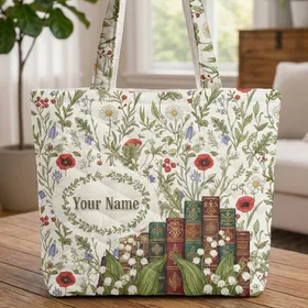 Personalized Book Spines Lily of the Valley Wildflower - Book Lover Reading Gift Quilted Tote Bag