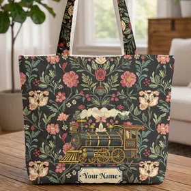 Ornate Vintage Steam Locomotive Botanical Flowers - Train Lover Travel Gift Quilted Tote Bag