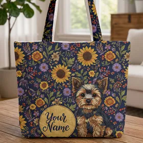 Yorkshire Terrier Hoop Autumn Botanicals - Dog Lover Gift Quilted Tote Bag
