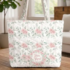 Blush Rose Peony Eucalyptus Berry Botanical Your Name Wreath - Everyday Carryall Quilted Tote Bag
