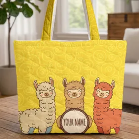 Three Alpacas Braided Border Swirling Yellow Curls - Alpaca Lover Everyday Tote Quilted Tote Bag