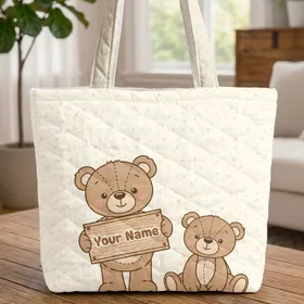 Personalized Teddy Bears Name Sign Stars Paw Prints - Baby Shower Gift for Kids Quilted Tote Bag