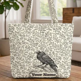 Majestic Raven Leafy Branches Berry Clusters - Everyday Tote Gift Quilted Tote Bag