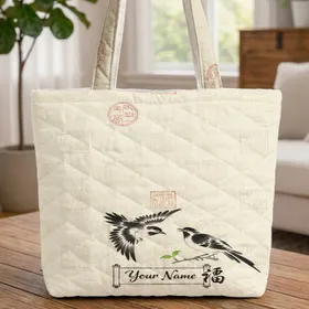 Traditional Chinese Birds Calligraphy Red Seal Green Sprout - Art Lover Gift Quilted Tote Bag