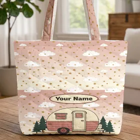 Vintage Teardrop Camping Trailer Golden Stars Clouds - Adventure Travel Camper Gift Quilted Tote Bag