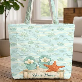 Starfish Flip Flops Seashells Name Scroll - Summer Vacation Gift for Beach Lovers Quilted Tote Bag