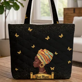 African Woman Headwrap Cultural Patterns Golden Speckles Butterflies – Fashion Statement Quilted Tote Bag