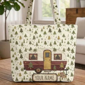 Ornate Vintage Camper Van Pine Tree Plaque - Outdoor Travel Lover Gift Quilted Tote Bag