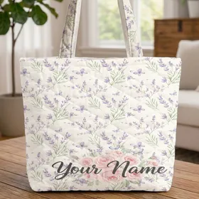 Lavender Sprigs Rose Bouquet Butterflies Personalized Name - Botanical Everyday Carry Gift Quilted Tote Bag