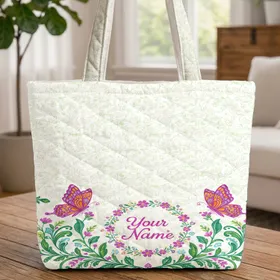 Ornate Butterflies Swirling Vines Floral Wreath Calligraphy Name - Everyday Gift Quilted Tote Bag