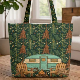 Camping Trailer Campfire Pine Trees Adirondack Chairs - Outdoor Living Travel Essentials Quilted Tote Bag