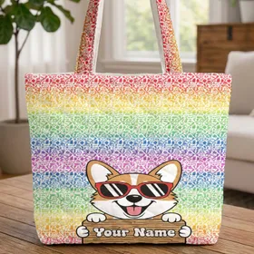 Corgi Dog Red Sunglasses Wooden Name Sign Weathered Bubble Letters - Everyday Corgi Lover Gift Quilted Tote Bag