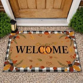 Welcome Pumpkin Buffalo Check Plaid Autumn Leaves - Fall Home Decor Doormat
