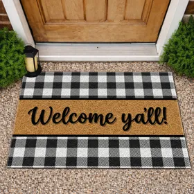 Welcome Y'all Script Buffalo Plaid Farmhouse Home Accent Doormat