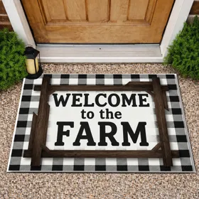 Welcome to the Farm Rustic Wood Buffalo Plaid - Farmhouse Home Decor Doormat
