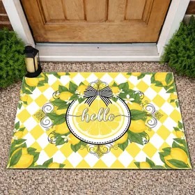 Hello Lemon Slice Black Bow Lemon Branches Greenery Welcoming Decor Doormat