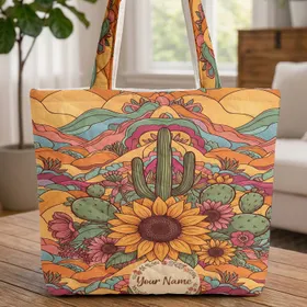 Sunflower Cacti Desert Flowers Mountain Sunset - Everyday Tote Quilted Tote Bag