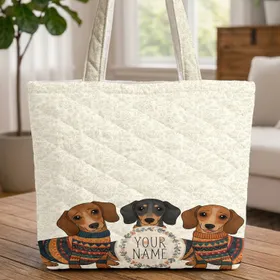 Folk Art Dachshund Dogs Patterned Sweaters Floral Wreath Your Name - Dachshund Lover Gift Quilted Tote Bag
