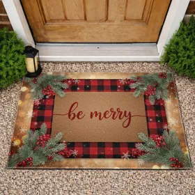 Be Merry Doormat Buffalo Plaid Christmas Winter Gift