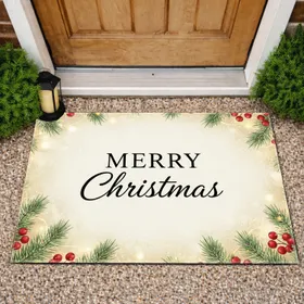 Merry Christmas Evergreen Berry Fairy Lights - Christmas Home Decor Doormat