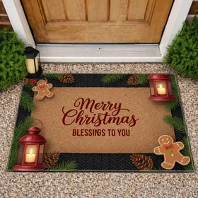 Merry Christmas Blessings Lantern Pinecone Gingerbread - Christmas Holiday Decor Doormat