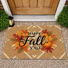 Rich Fall Colors Maple Oak Leaves Gourds - Happy Fall Y'all Autumn Yard Display Doormat