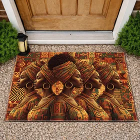 African Women Traditional Wraps Gold Earrings - Heritage Home Decor Gift Doormat