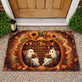 Wooden Pumpkin Library Ghosts Reading Books & Sunflowers - Autumn Halloween Home Decor Doormat