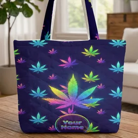 Glow Neon Rainbow Iridescent Cannabis Leaves Gradient - Everyday Use Gift for Friend Quilted Tote Bag