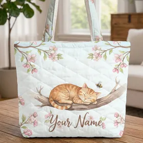 Curled Up Tabby Cat Tree Branch Apple Blossom Bumblebee - Cat Lover Garden Gift Quilted Tote Bag