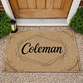 Custom Script Name Geometric Outline Burlap Texture - Farmhouse Home Decor Gift Doormat