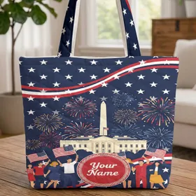 Patriotic Celebrants American Flag White House - Independence Day Celebration for Americans Quilted Tote Bag