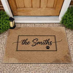 Custom Family Name Calligraphic Paw Print Black Border - Home Decor for Pet Lovers Doormat