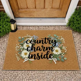 Country Charm Script Eucalyptus Daisy Baby's Breath - Natural Farmhouse Home Decor Gift Doormat