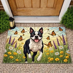Boston Terrier Dog Wildflower Monarch Butterfly - Outdoor Pet Lover Home Decor Doormat