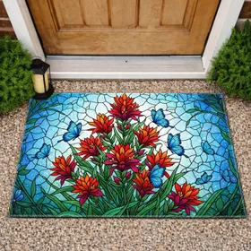 Stained Glass Spiky Flowers Blue Butterflies - Home Decor Gift Doormat