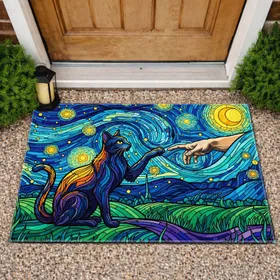 Black Cat Reaching Hand Celestial Sky - Art Lover Home Decor Gift Doormat
