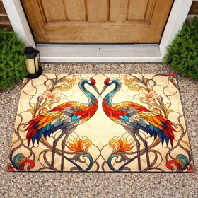 Stained Glass Embracing Cranes Art Nouveau Floral Vines - Wildlife Lover Home Decor Gift Doormat
