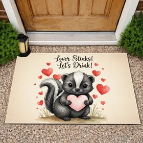 Baby Skunk Pink Heart 'Lover Stinks! Let's Drink!' - Funny Relationship Humor Gift Doormat