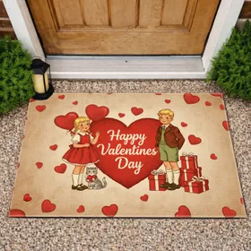 Girl Boy Kitten Rustic Red Heart Valentines Day Balloons Gift Boxes Celebration Doormat